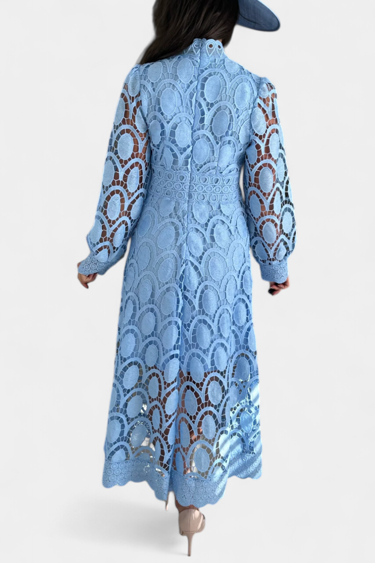 Robe Midi Jovie en Dentelle Brodée avec Col Montant