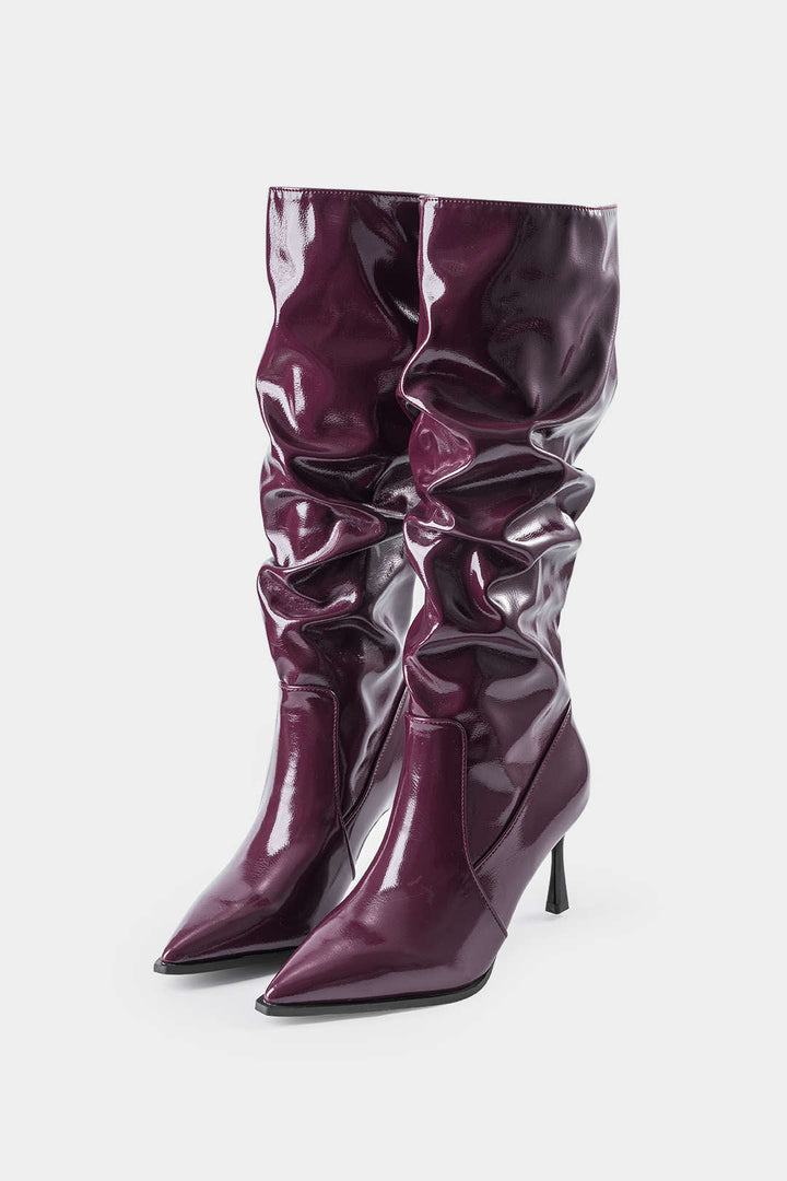 Bottes en Cuir Synthétique avec Plis et Pointe Aigüe