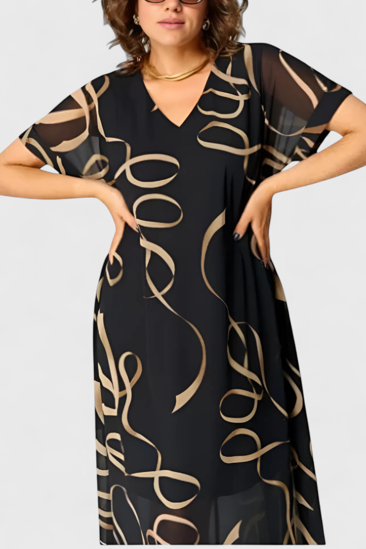 Robe Allegra Noire avec Imprimé Abstrait en Or et Décolleté en V