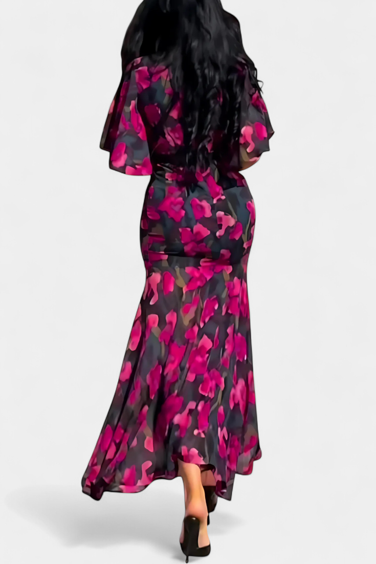 Robe Sima Croisée Imprimée avec Décolleté en V et Manches Évasées