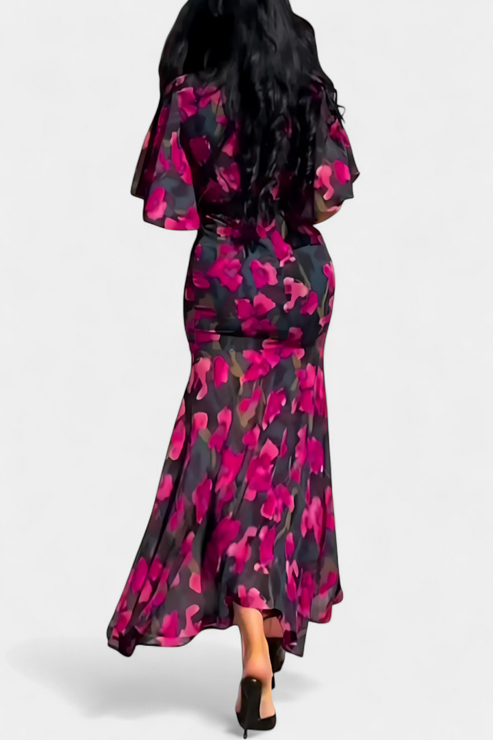 Robe Sima Croisée Imprimée avec Décolleté en V et Manches Évasées