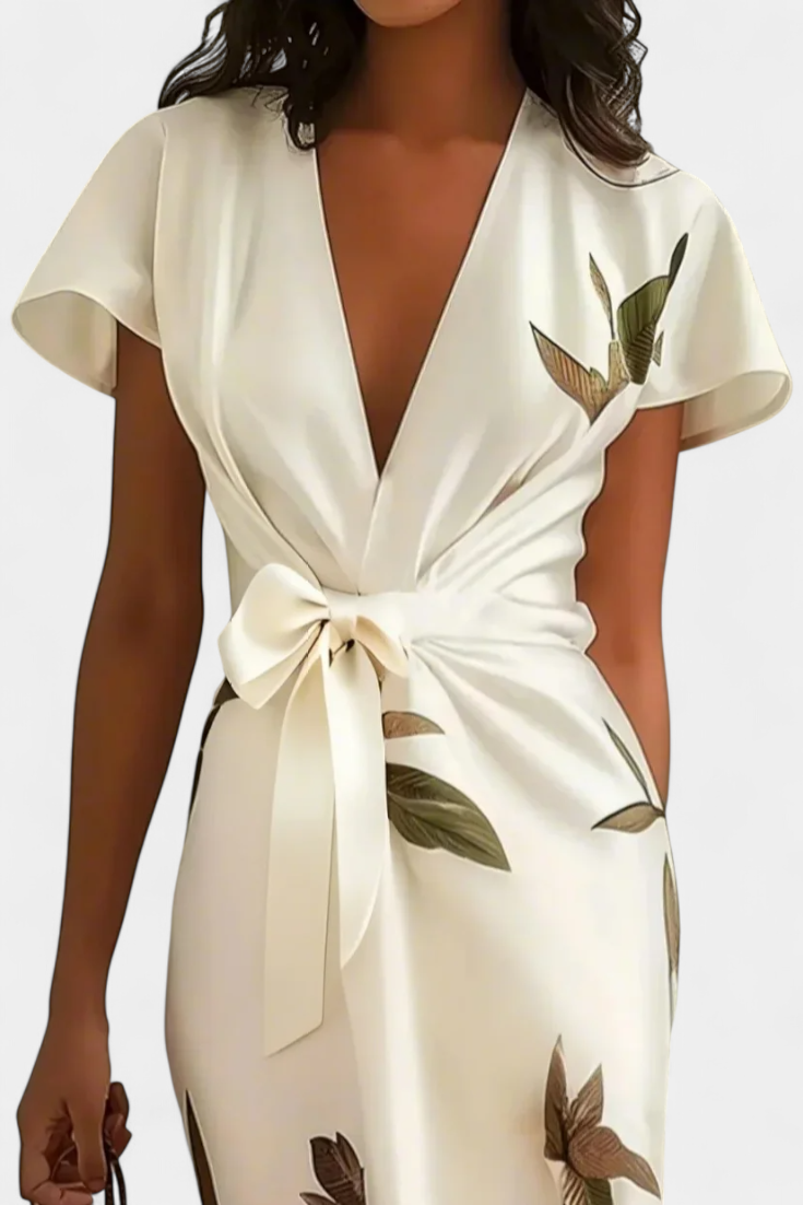 Robe Croisée Dhalia avec Imprimé de Feuilles