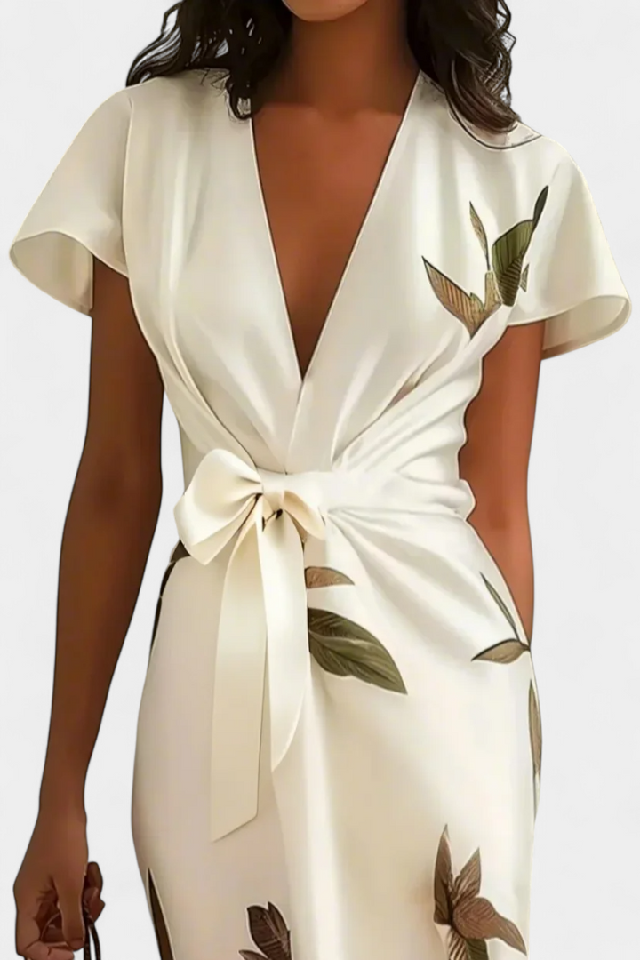 Robe Croisée Dhalia avec Imprimé de Feuilles
