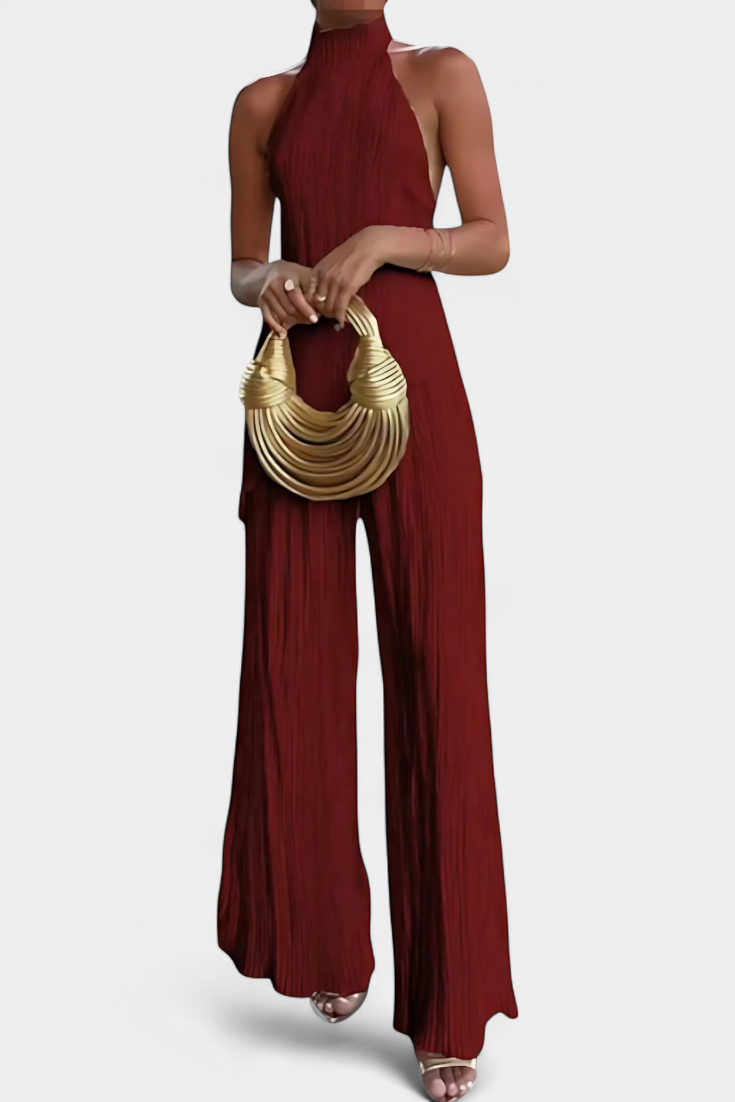Ensemble Plissé Pilarica avec Top Asymétrique Halter et Pantalon Fluide