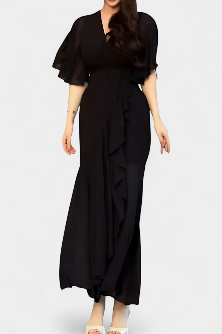 Robe Sima Croisée Imprimée avec Décolleté en V et Manches Évasées