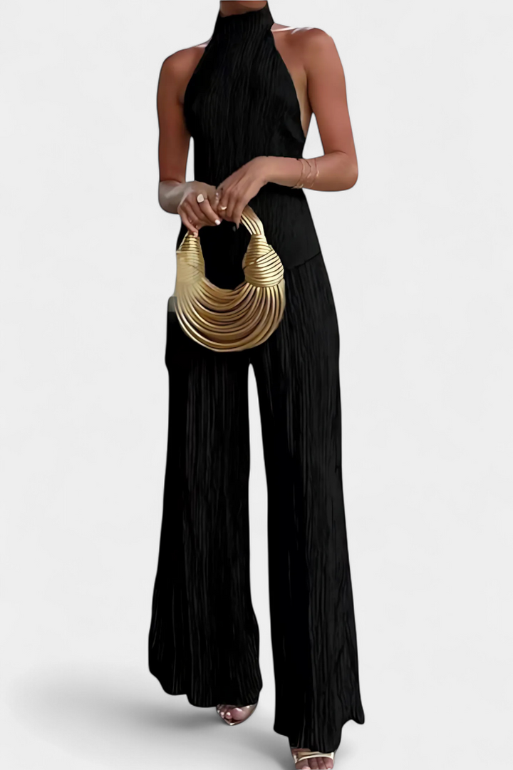 Ensemble Plissé Pilarica avec Top Asymétrique Halter et Pantalon Fluide