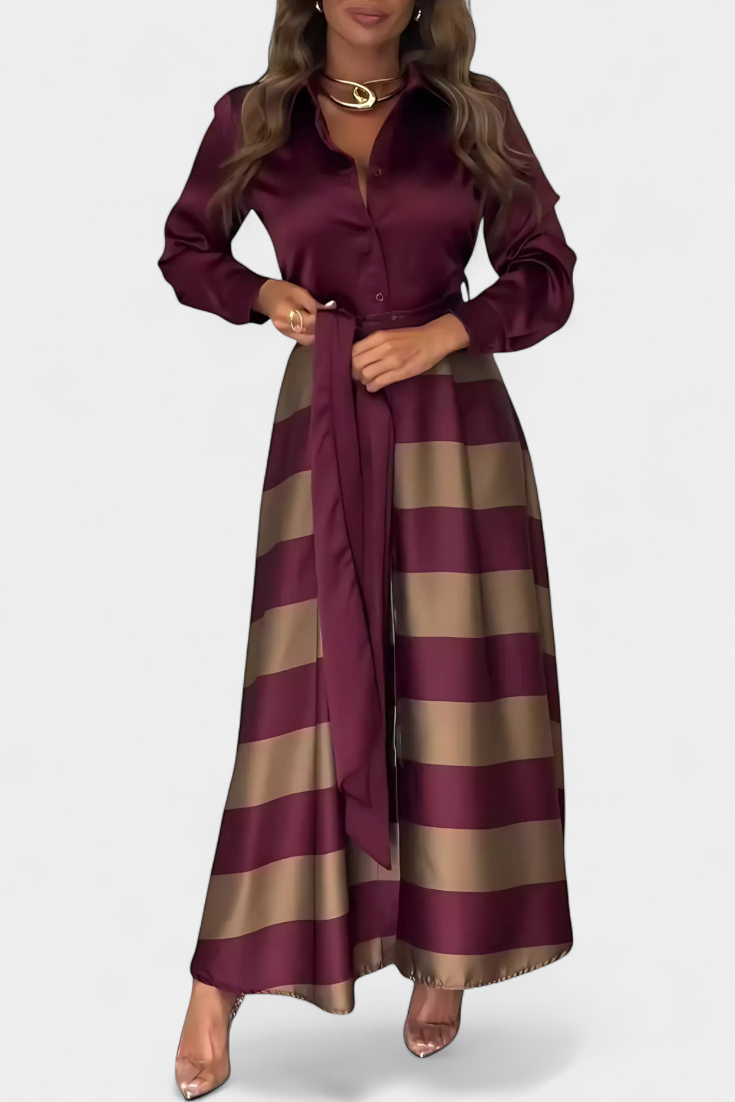 Nessia Robe Chemisier Longue à Rayures avec Ceinture