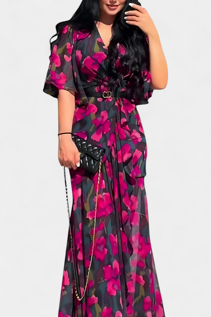 Robe Sima Croisée Imprimée avec Décolleté en V et Manches Évasées