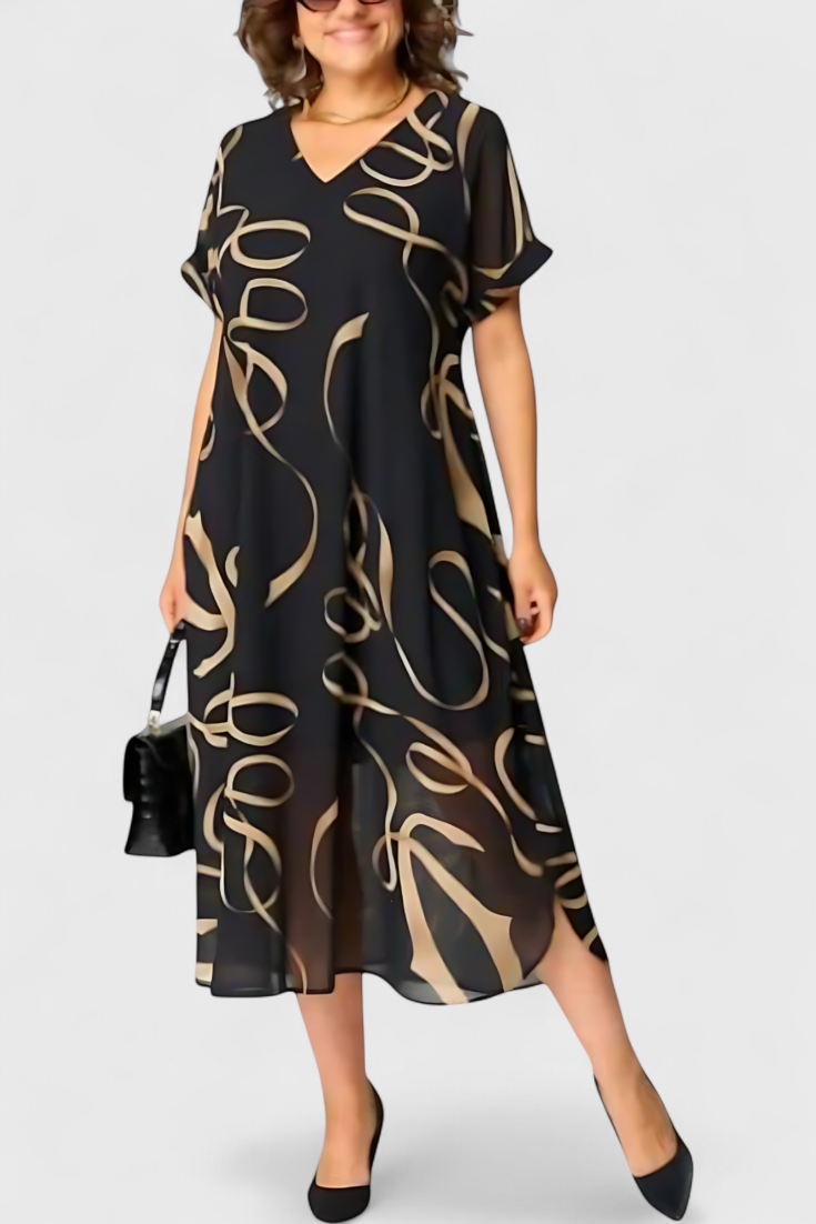 Robe Allegra Noire avec Imprimé Abstrait en Or et Décolleté en V