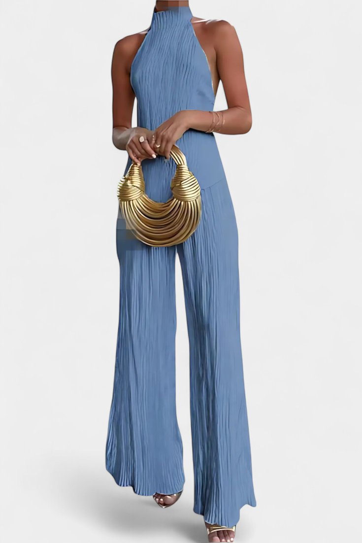 Ensemble Plissé Pilarica avec Top Asymétrique Halter et Pantalon Fluide