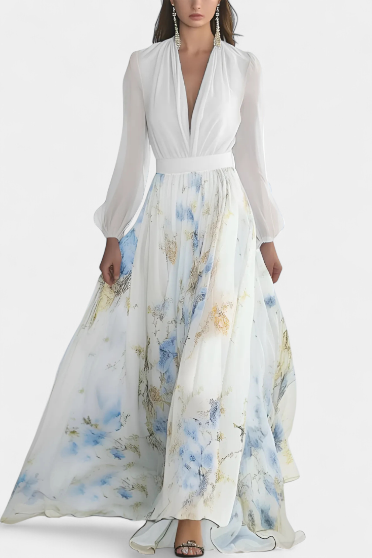 Eliane Robe Longue avec Imprimé Floral et Décolleté Profond