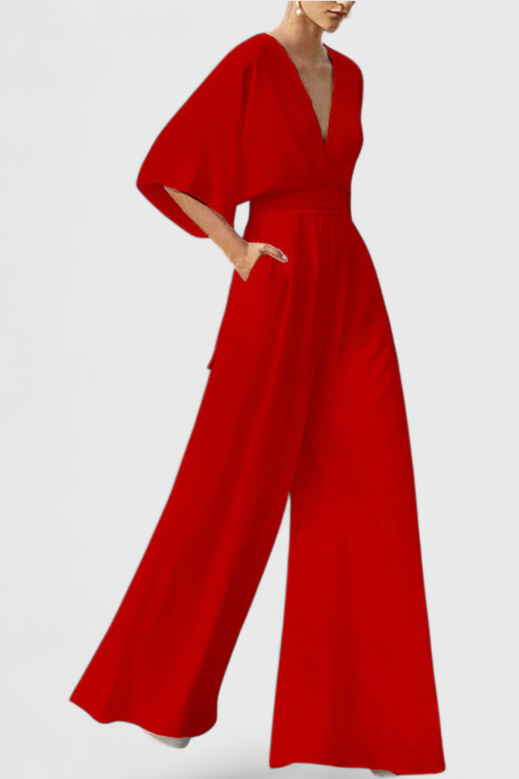 Isaura Mono Long Élégant avec Pantalon Large et Décolleté en V
