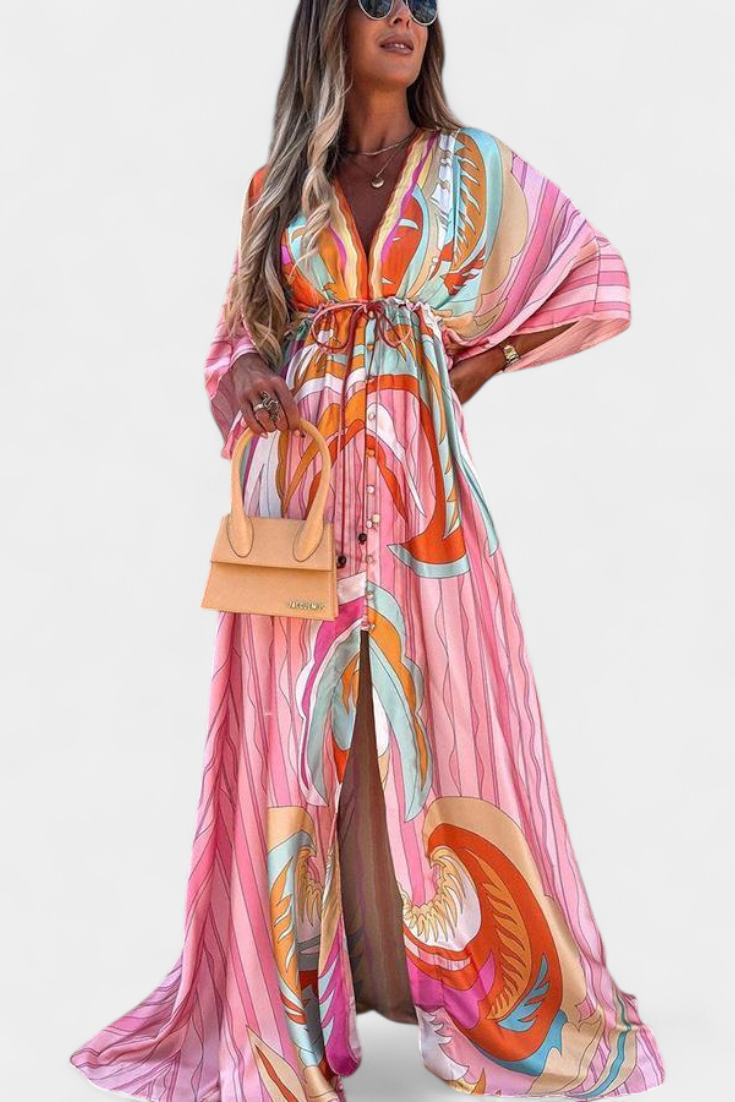 Robe Maxi Joelle Arc-en-ciel avec Décolleté en V et Manches Chauve-Souris