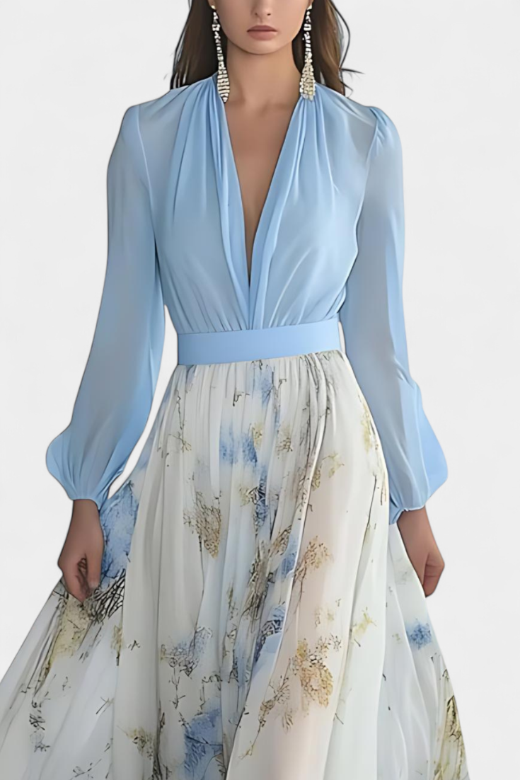 Eliane Robe Longue avec Imprimé Floral et Décolleté Profond