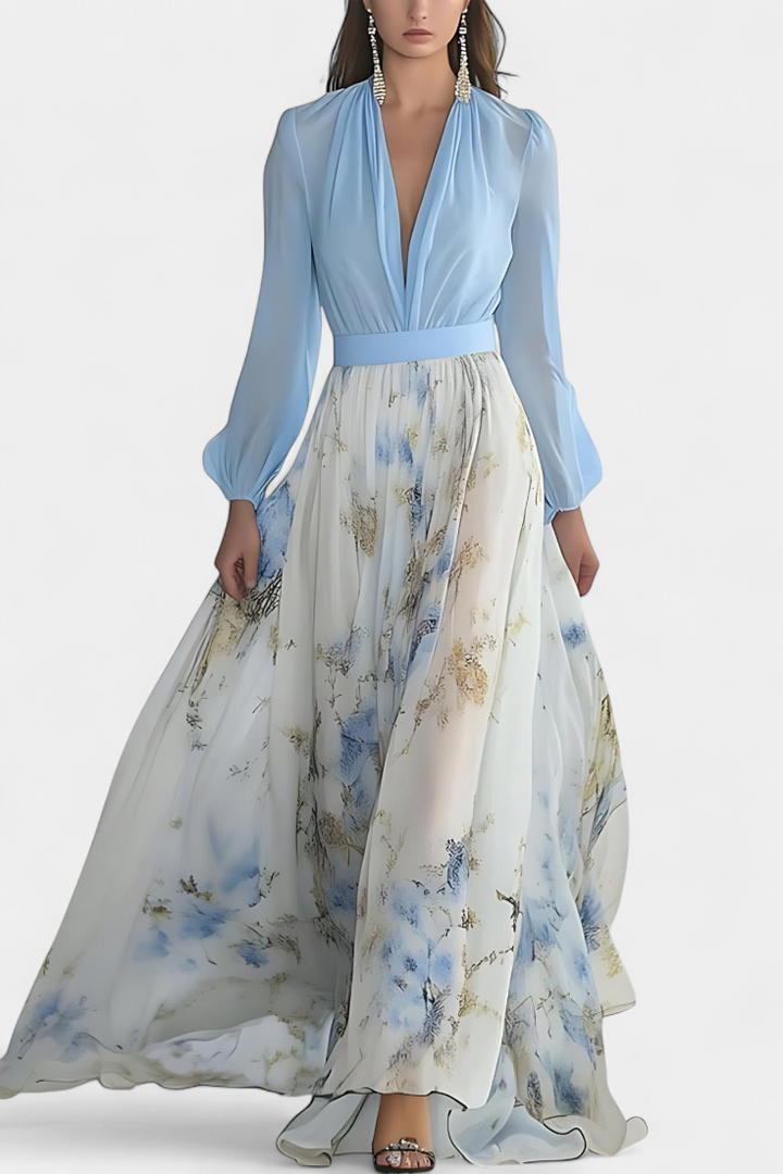 Eliane Robe Longue avec Imprimé Floral et Décolleté Profond