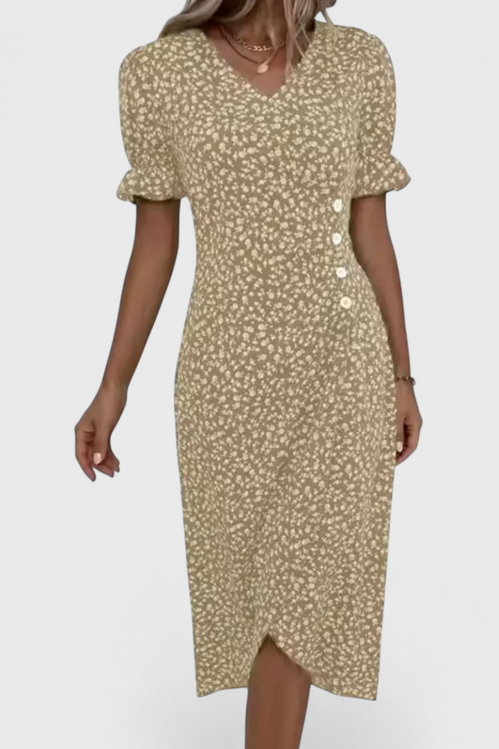 Robe Midi Florale Joana avec Décolleté en V et Manches Courtes