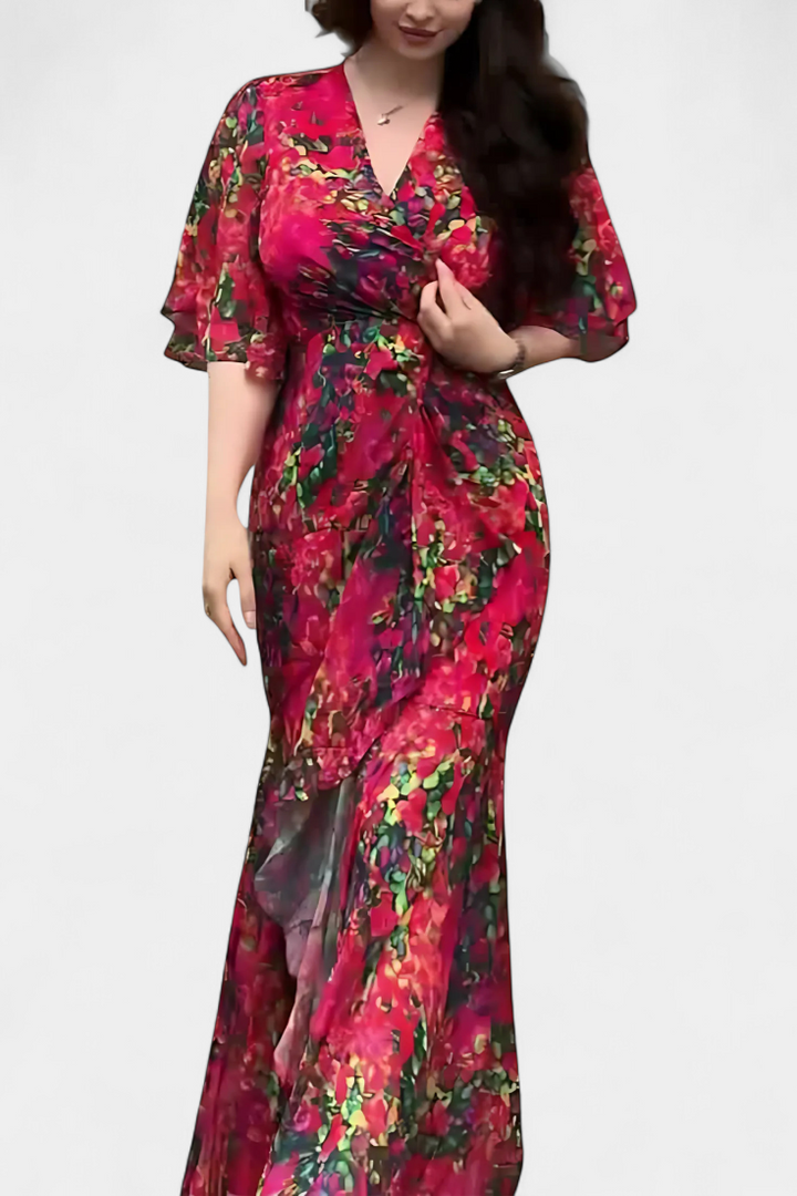 Robe Sima Croisée Imprimée avec Décolleté en V et Manches Évasées