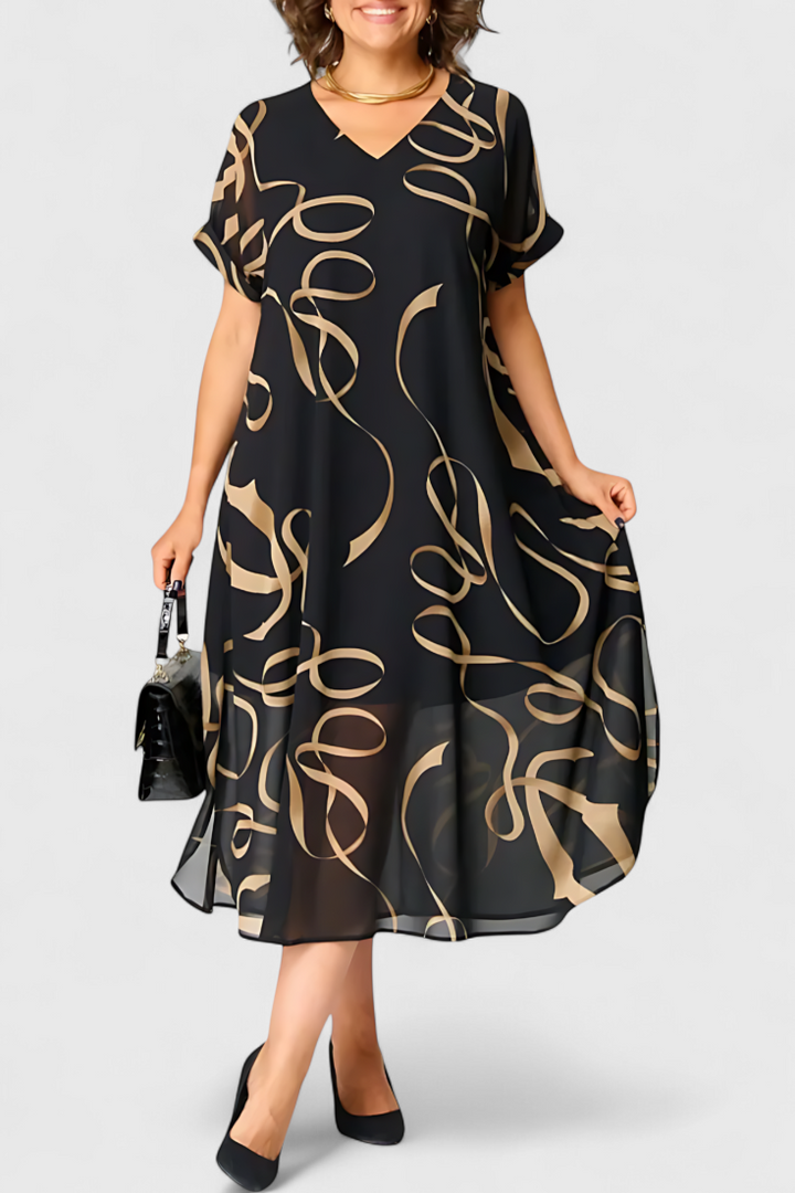 Robe Allegra Noire avec Imprimé Abstrait en Or et Décolleté en V