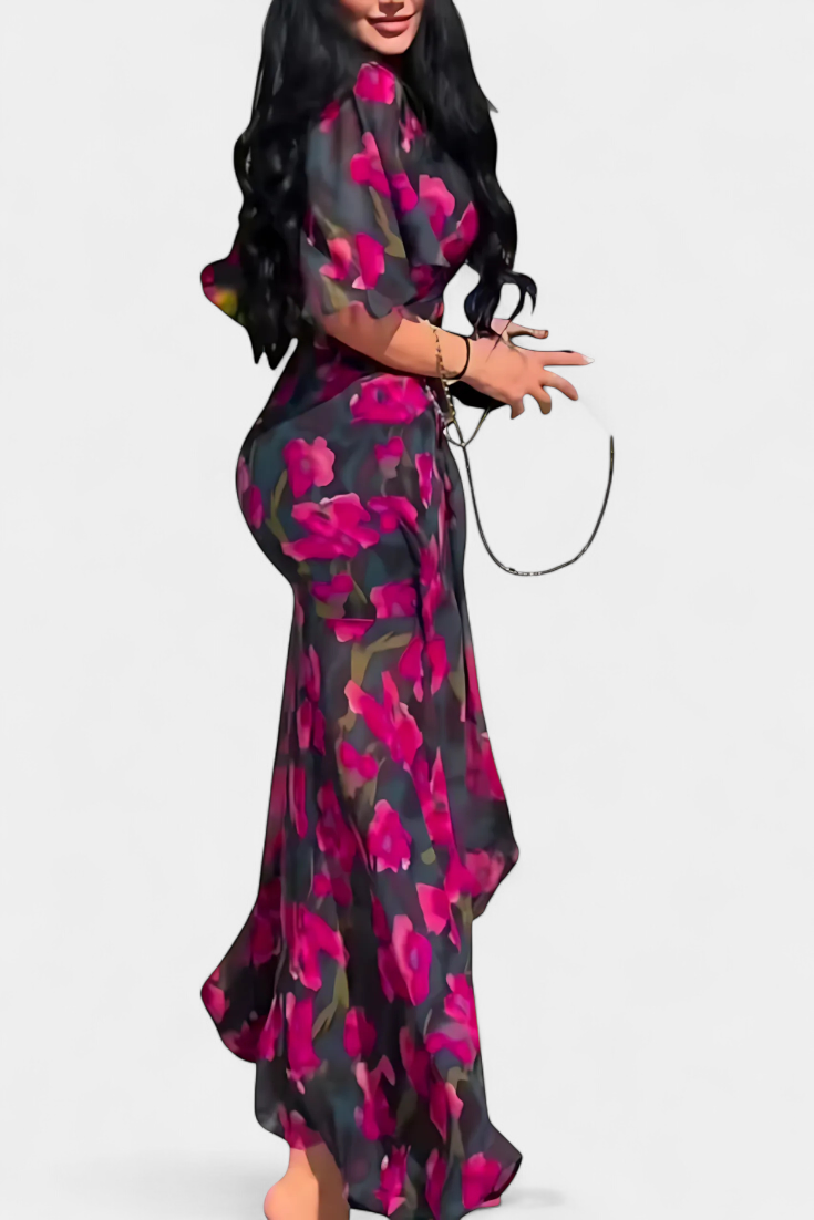Robe Sima Croisée Imprimée avec Décolleté en V et Manches Évasées
