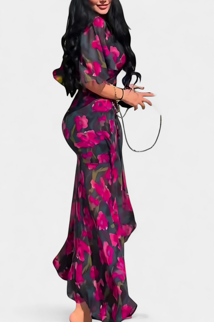 Robe Sima Croisée Imprimée avec Décolleté en V et Manches Évasées