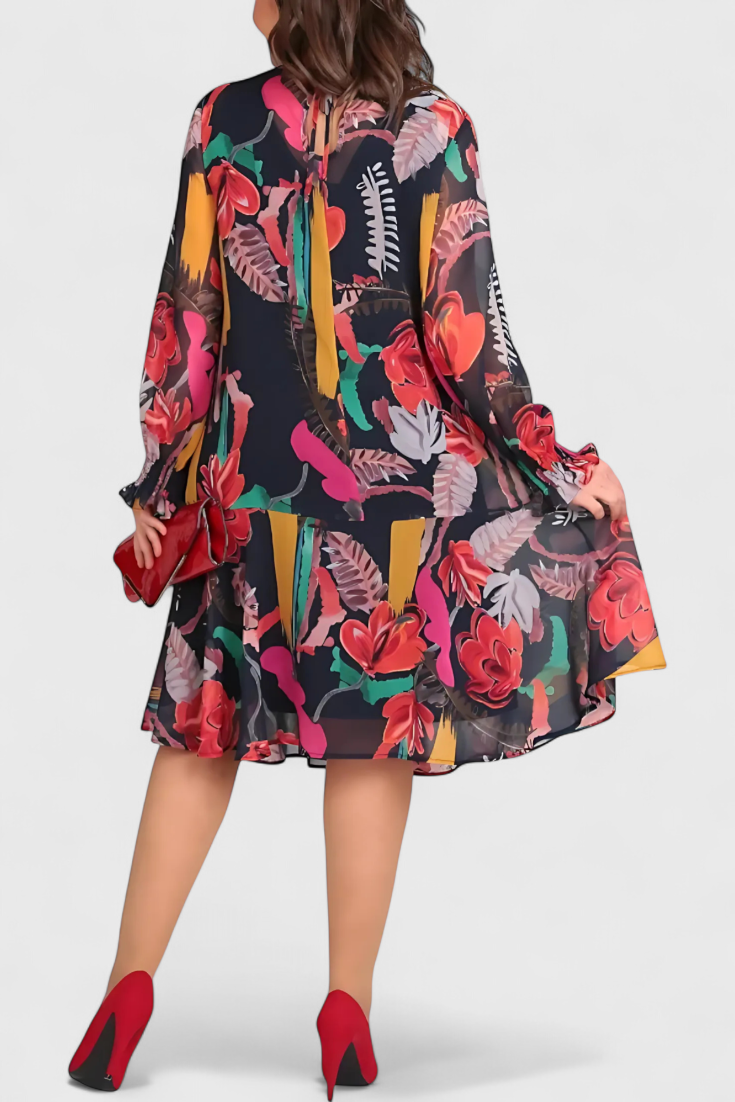Robe Midi Floral Annegret avec Manches Longues et Coupe Fluide