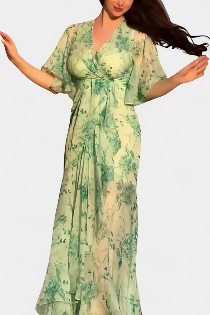 Robe Sima Croisée Imprimée avec Décolleté en V et Manches Évasées