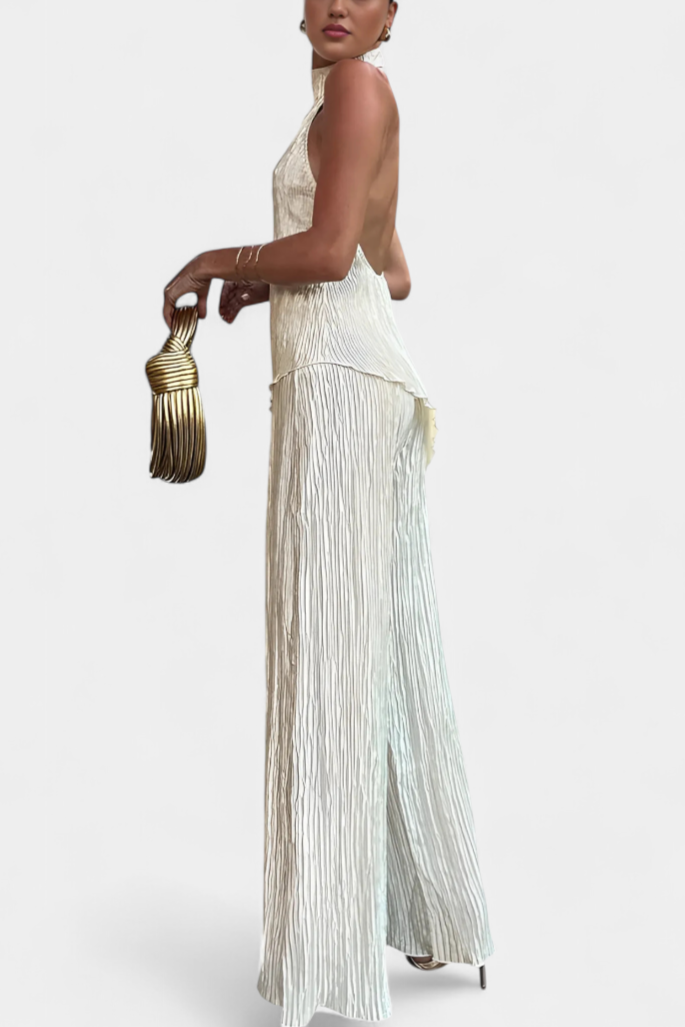 Ensemble Pilarica Plissé avec Top Asymétrique Halter et Pantalon Fluide