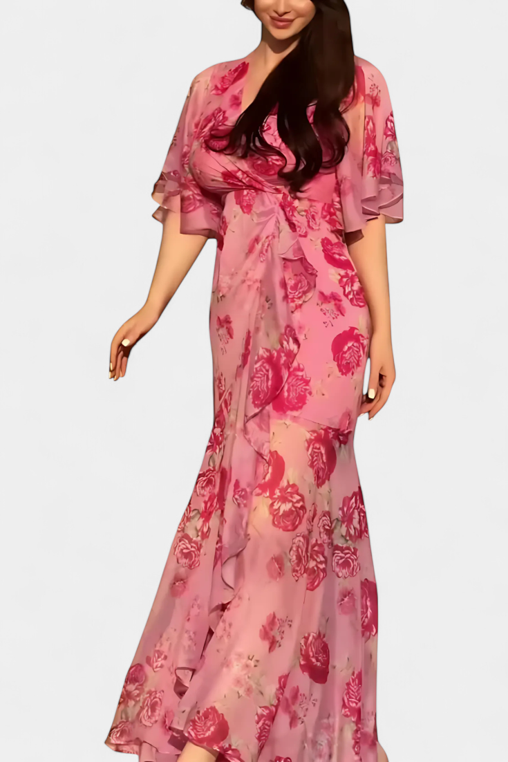 Robe Sima Croisée Imprimée avec Décolleté en V et Manches Évasées