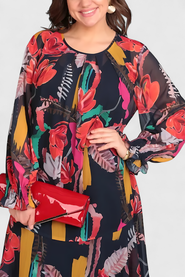 Robe Midi Floral Annegret avec Manches Longues et Coupe Fluide