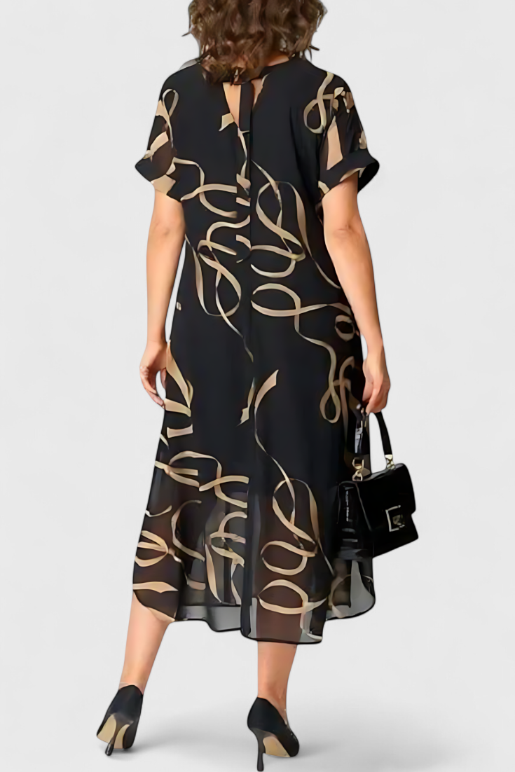 Robe Allegra Noire avec Imprimé Abstrait en Or et Décolleté en V