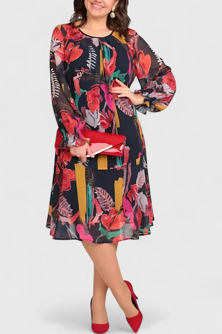 Robe Midi Floral Annegret avec Manches Longues et Coupe Fluide