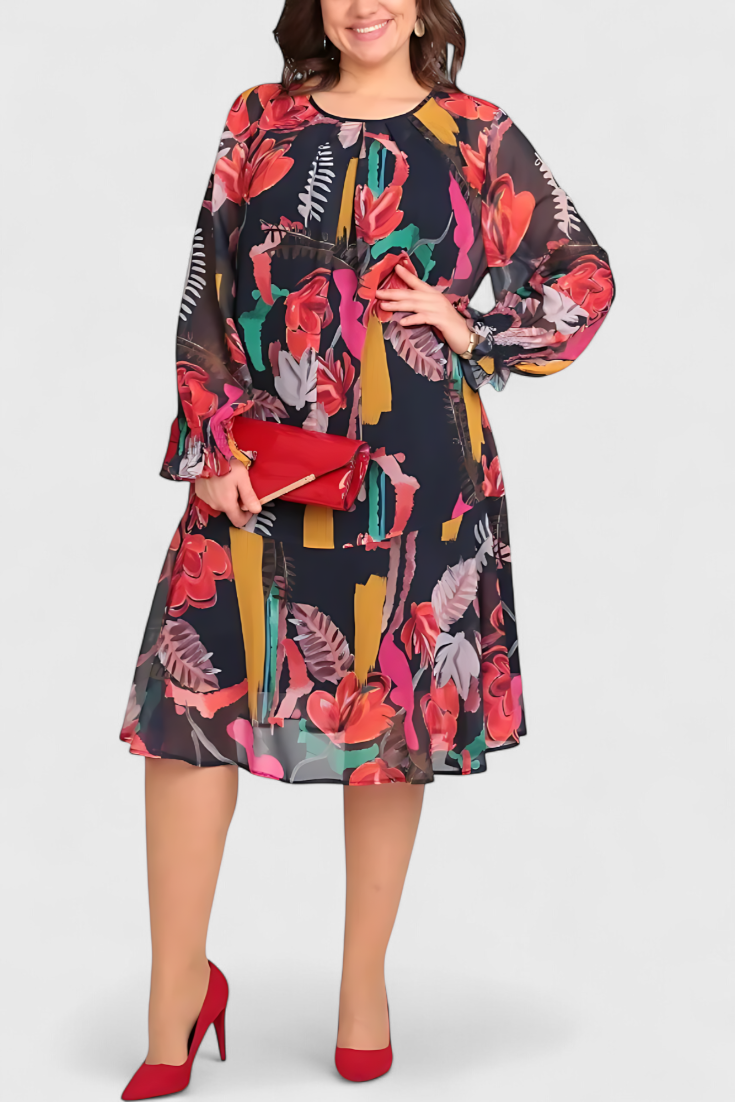 Robe Midi Floral Annegret avec Manches Longues et Coupe Fluide