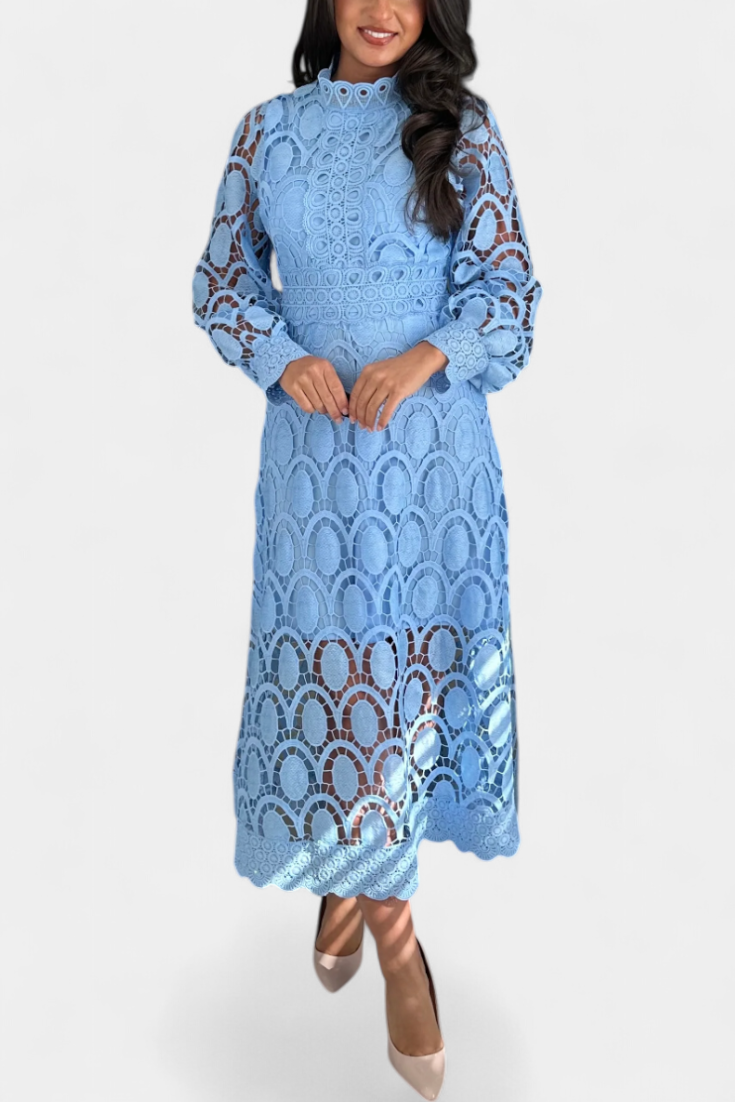 Robe Midi Jovie en Dentelle Brodée avec Col Montant