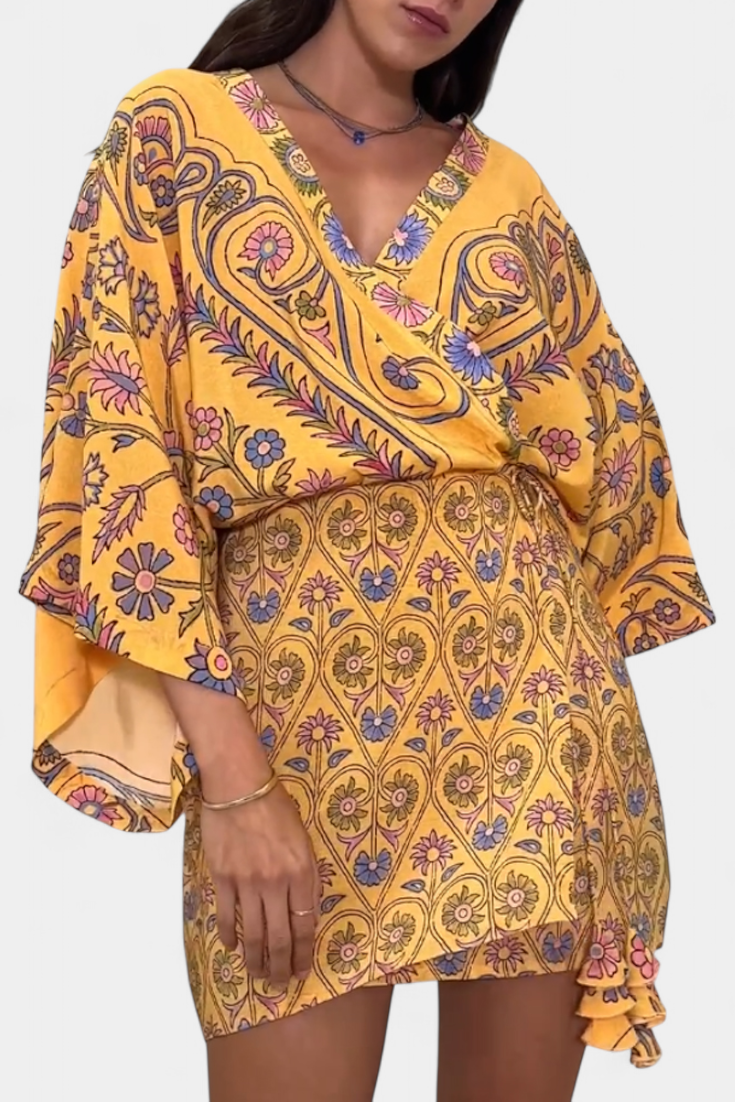 Robe Boho Candela avec Imprimé Floral et Décolleté en V Croisé