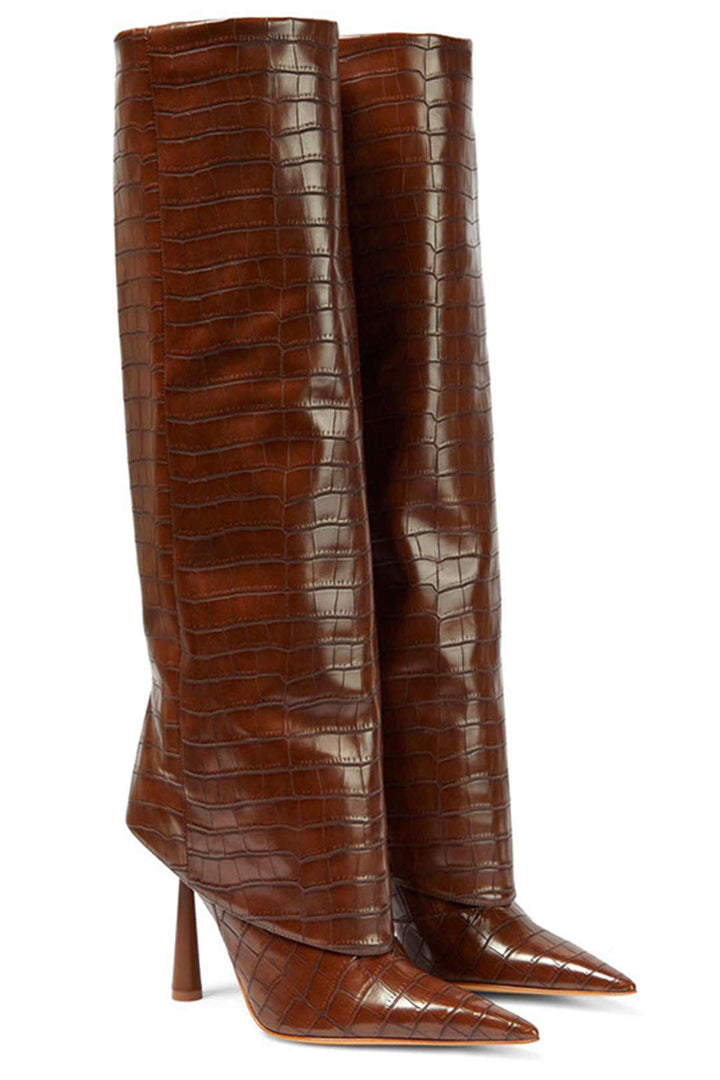 Bottes à Talons Hauts en Cuir Synthétique Crocodile avec Pointe Aiguisée