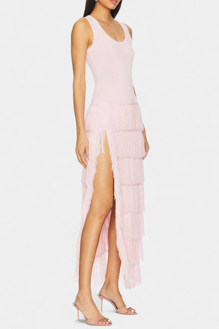 Robe Maxi Kalani avec Franges en Couches et Fente Latérale