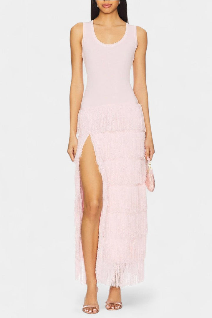 Robe Maxi Kalani avec Franges en Couches et Fente Latérale