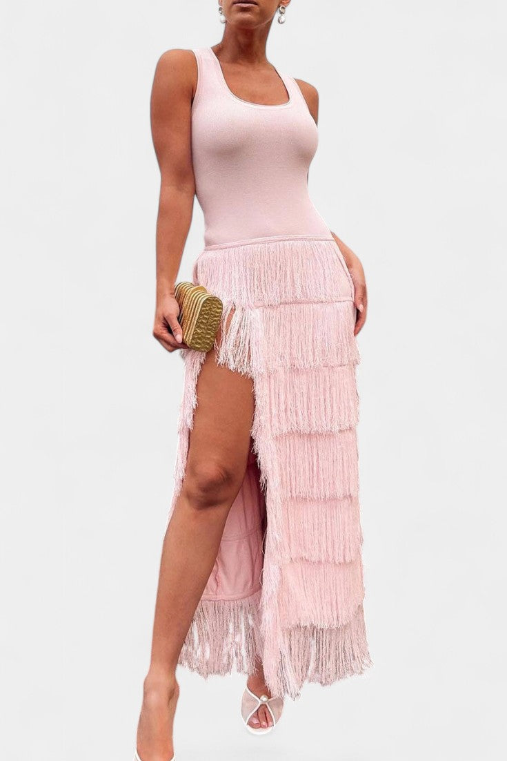 Robe Maxi Kalani avec Franges en Couches et Fente Latérale