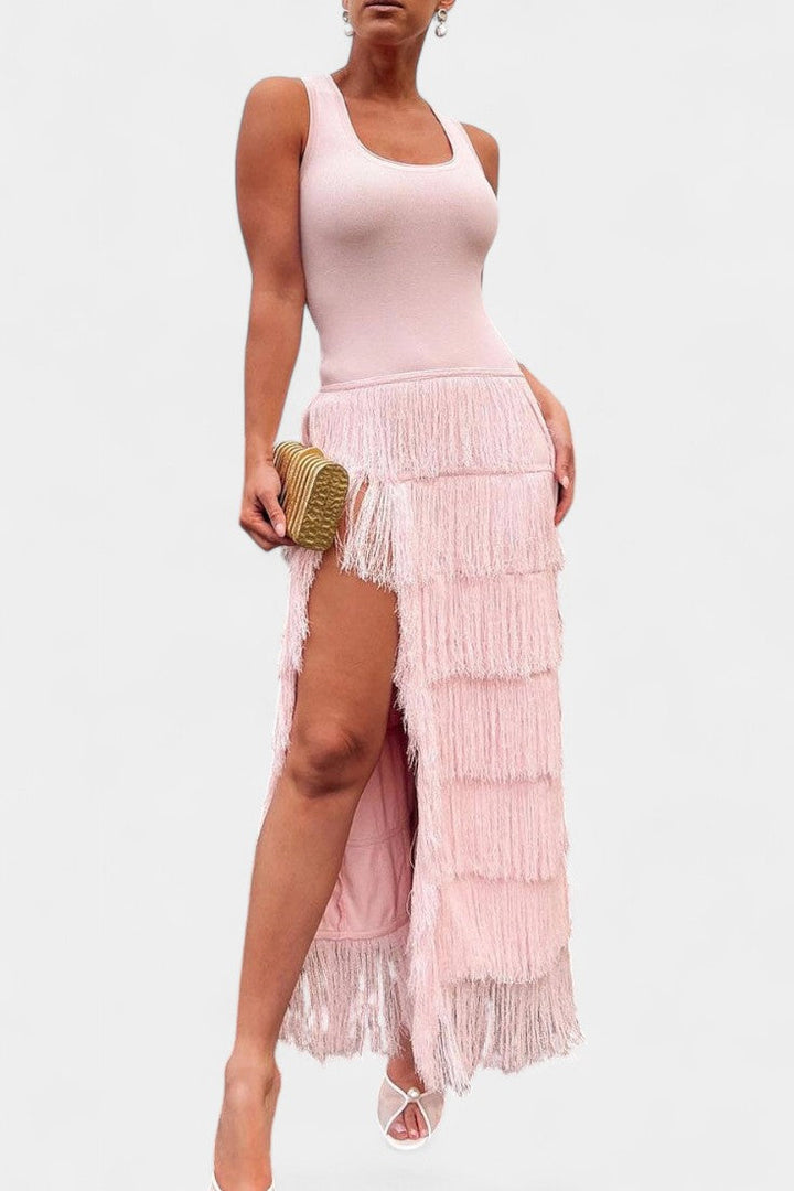Robe Maxi Kalani avec Franges en Couches et Fente Latérale