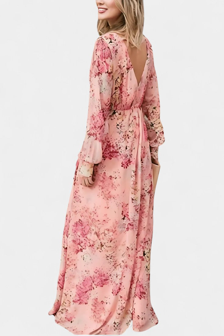 Robe Maxi Boho Florale Amaliya avec Manches Longues et Taille Définie