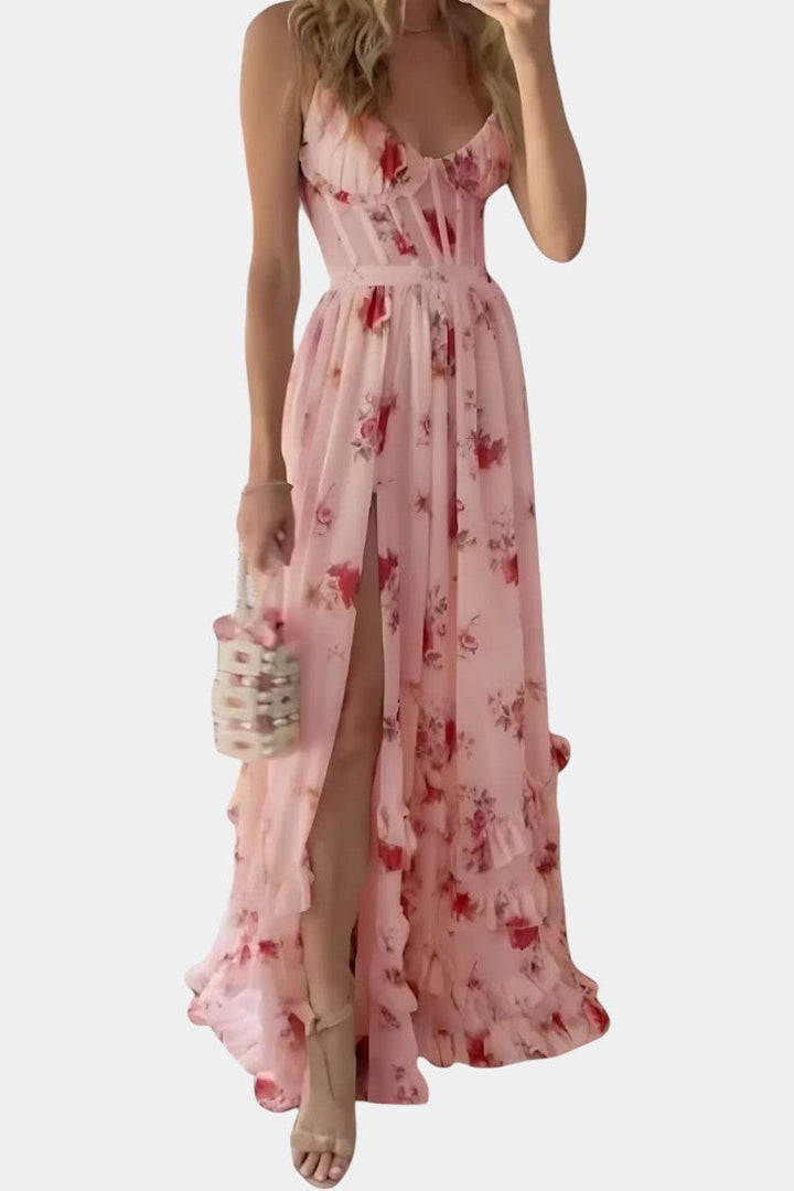 Robe Maxi Luna avec Corset Floral et Silhouette Sophistiquée