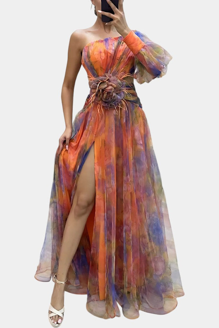 Robe Maxi Asymétrique Amelie à Épaule Unique avec Imprimé Artistique