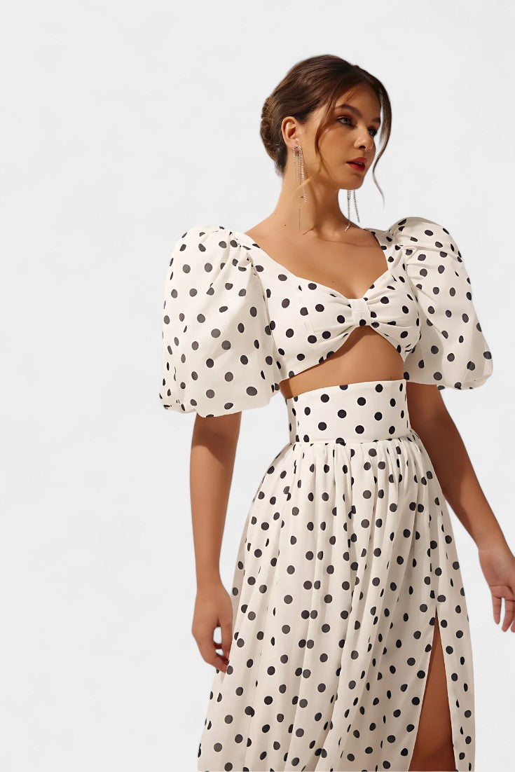 Ensemble Jupe et Top à Pois Sherine avec Manches Bouffantes