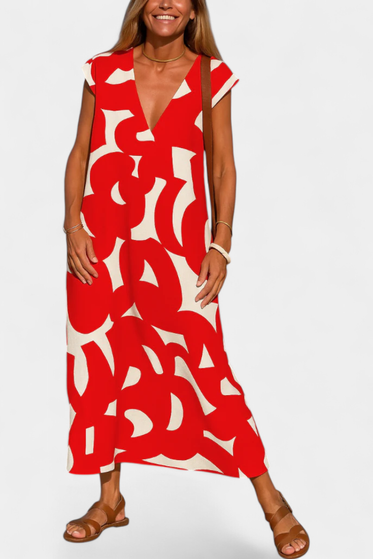 Robe Asela Casual avec Décolleté en V et Imprimé Mixi