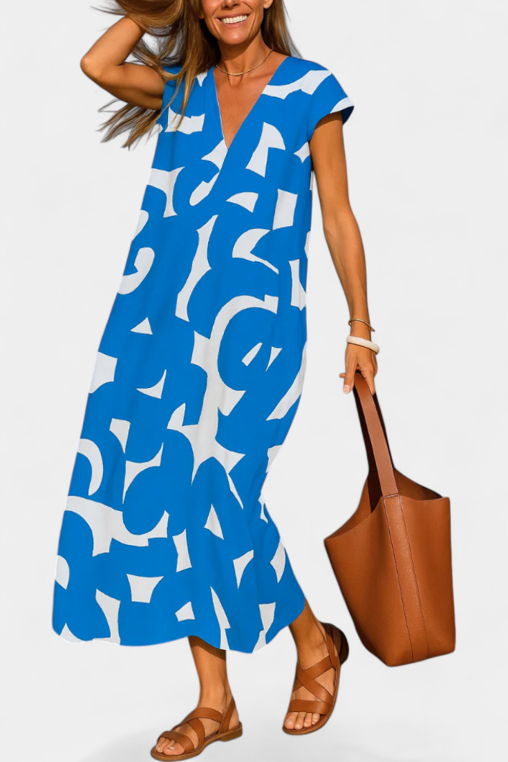 Robe Asela Casual avec Décolleté en V et Imprimé Mixi