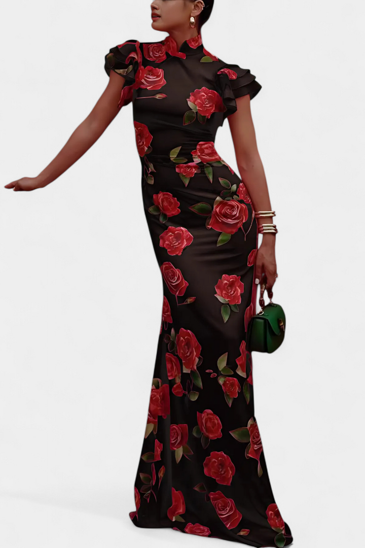 Robe Qipao Mayra avec Imprimé de Roses Élégant