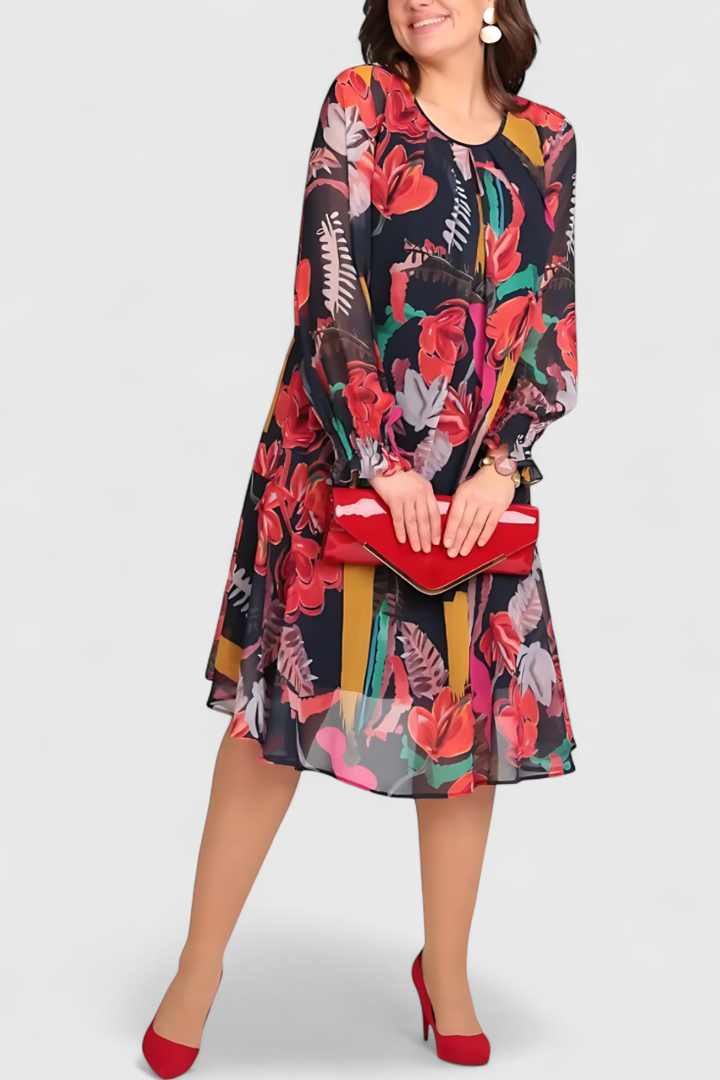 Robe Midi Floral Annegret avec Manches Longues et Coupe Fluide
