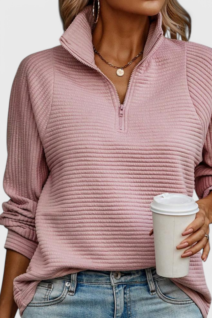 Pull Helene à Col en V avec Fermeture Éclair et Manches Longues