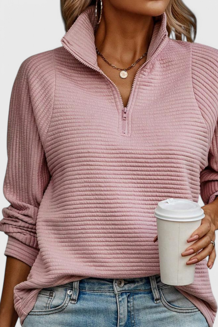 Pull Helene à Col en V avec Fermeture Éclair et Manches Longues