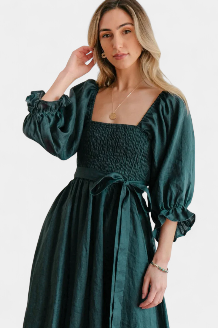 Robe Petra à Deux Niveaux avec Corps Froncé et Manches Bouffantes